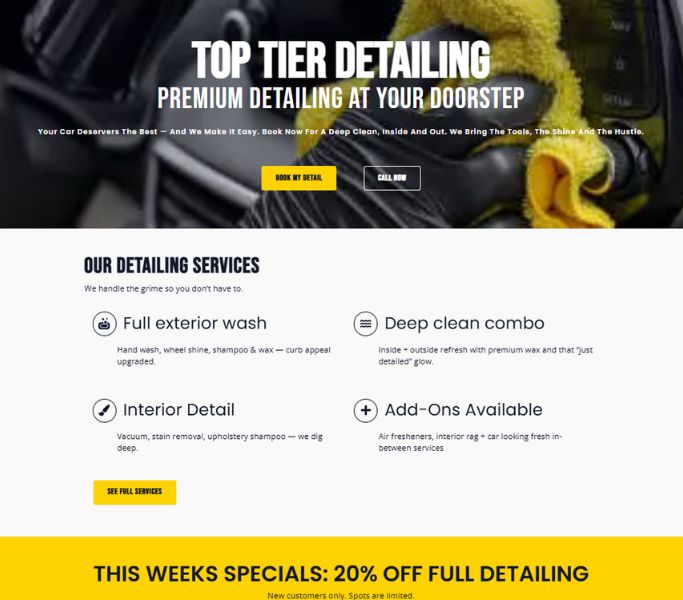Top Tier Detailing landing page example preview